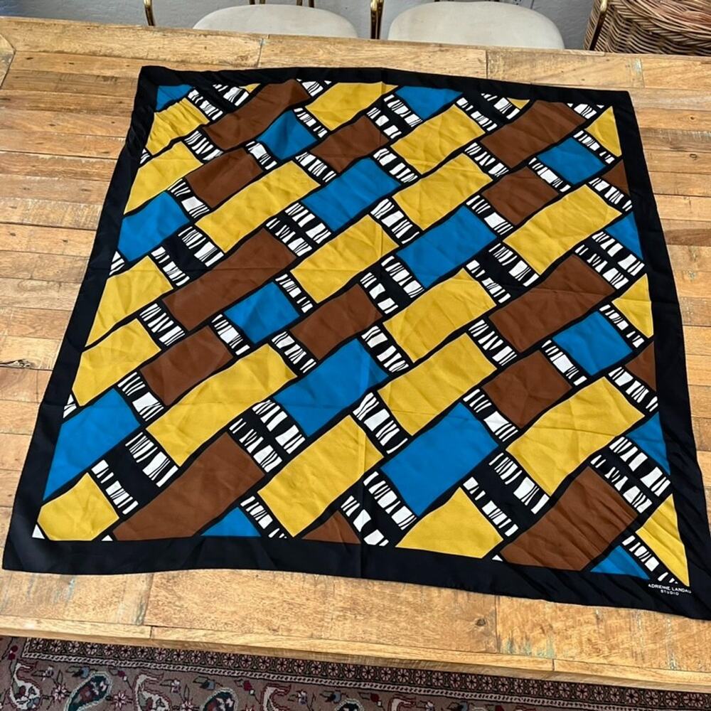 Adrienne Landau Studio Silk Scarf Brown Blue Geometric Print 34” x 34”